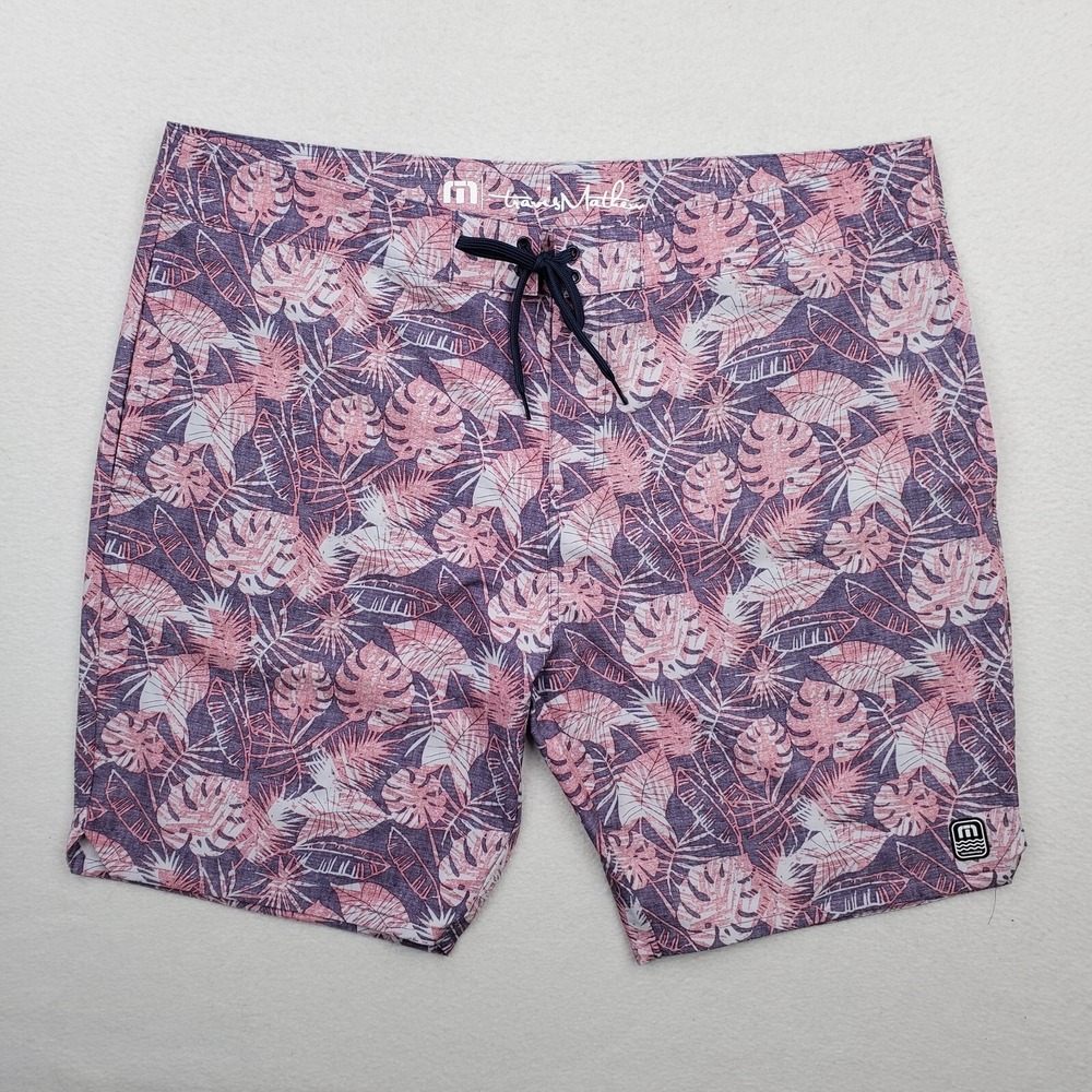 Travis Mathew Board Shorts Mens 42 Blue Pink Hawaiian Foot The Bill Bathing Suit